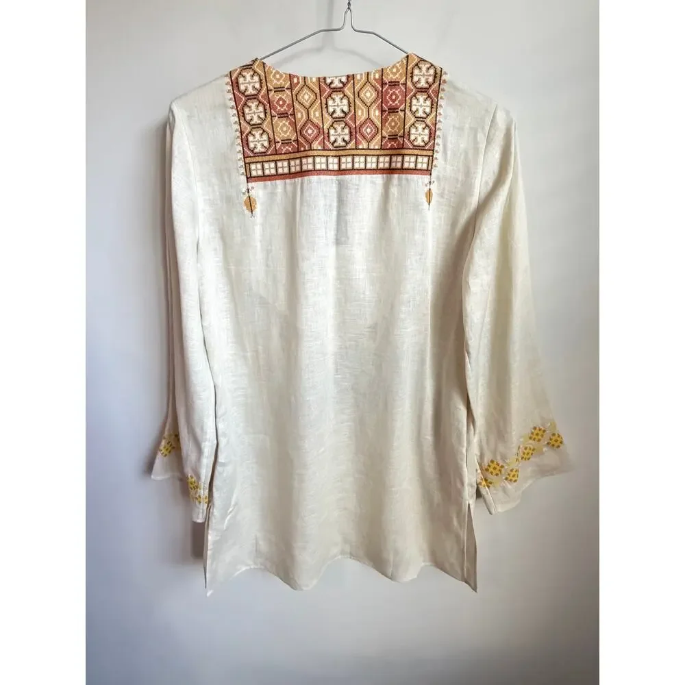 Tory Burch Embroidered Linen Tunic Mini Dress French Cream Women's Size M NWT